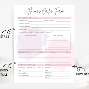 PRINTABLE FLORIST ORDER Form, Editable Flowers Order Form Template ...