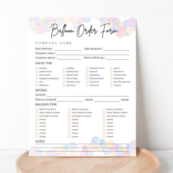 EDITABLE BALLOON ORDER Form Template, Balloon Order Tracker, Custom Balloon Sale Tracker, Party Balloons Order Sheet, Balloon Garland Form