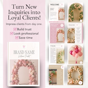 Editable balloon business welcome packet template with policies, FAQs, and how-it-works page—perfect for balloon artists to onboard clients professionally.