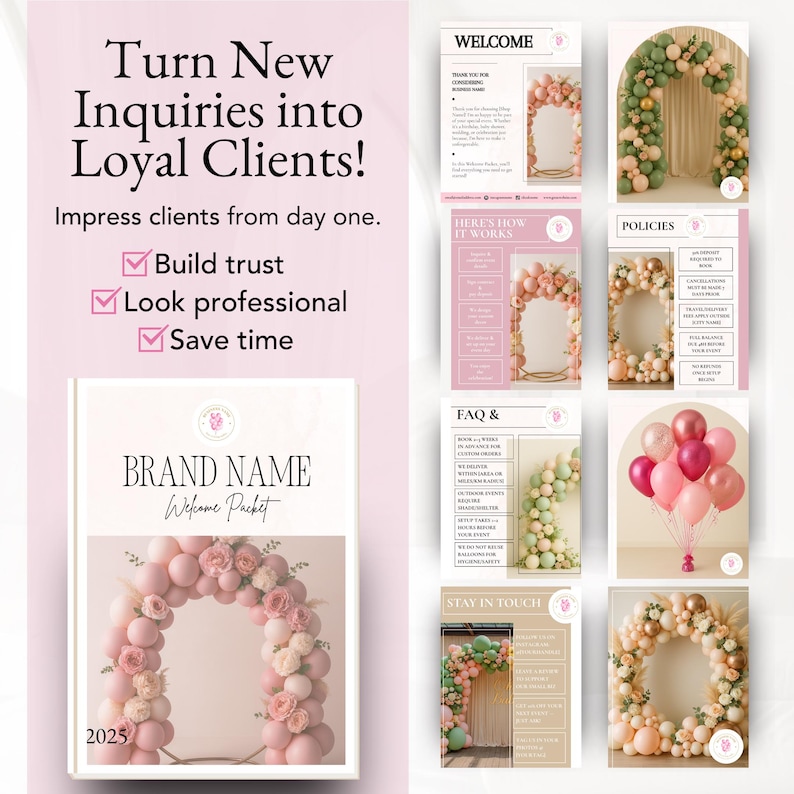 Editable balloon business welcome packet template with policies, FAQs, and how-it-works page—perfect for balloon artists to onboard clients professionally.