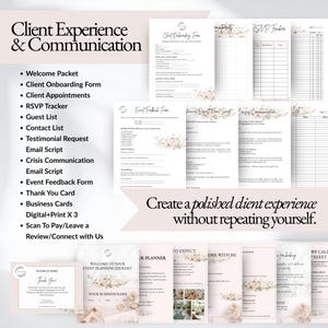 Wedding planner client onboarding templates including welcome packet, client onboarding form, RSVP tracker, guest list sheet, testimonial request email, thank you card, and wedding planning communication tools designed for wedding planners and coordinators to create a polished client experience.