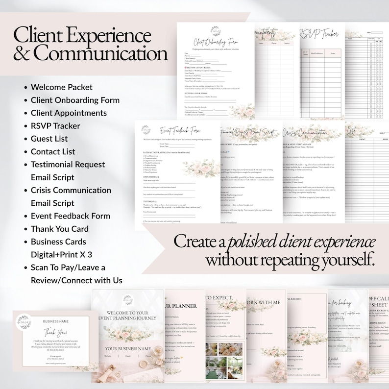 Wedding planner client onboarding templates including welcome packet, client onboarding form, RSVP tracker, guest list sheet, testimonial request email, thank you card, and wedding planning communication tools designed for wedding planners and coordinators to create a polished client experience.