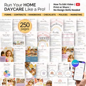 Complete home daycare business bundle with over 100 editable templates including forms, checklists, reports, and planners. Easily edit in Canva and print or share instantly