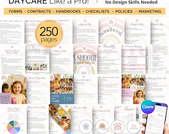 May include: A collection of printable daycare forms, contracts, handbooks, and checklists. The image includes the text "Run Your Home Daycare Like a Pro!" and "250 pages". A smartphone displays a Canva invoice.