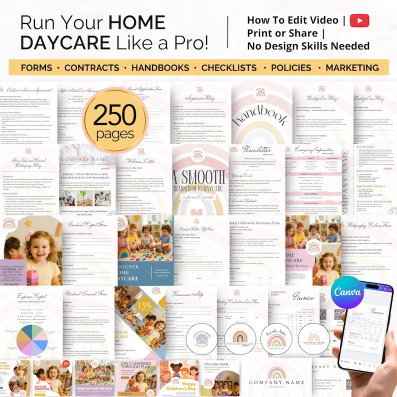Complete home daycare business bundle with over 100 editable templates including forms, checklists, reports, and planners. Easily edit in Canva and print or share instantly