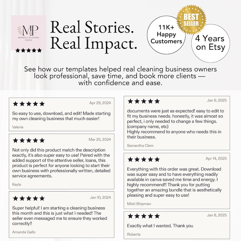 Customer reviews for the cleaning business template bundle, highlighting ease of use, professional design, and seller support for new business owners.