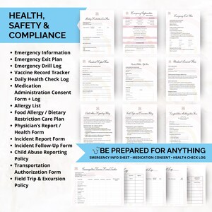 Health and safety forms for daycare compliance including immunization tracker, drill log, and incident reports