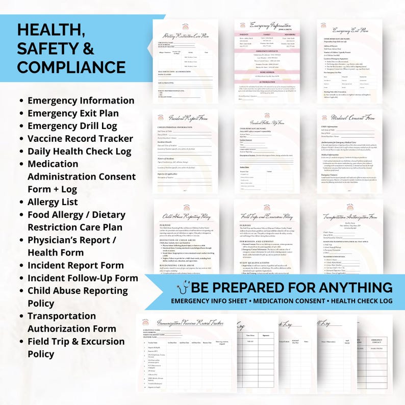 Health and safety forms for daycare compliance including immunization tracker, drill log, and incident reports