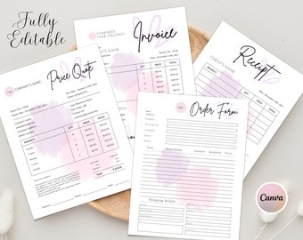 Small Business Bundle Documents, Invoice Template Download, Editable Receipt Template, Quotation Sheet Canva Template, Custom Order Form