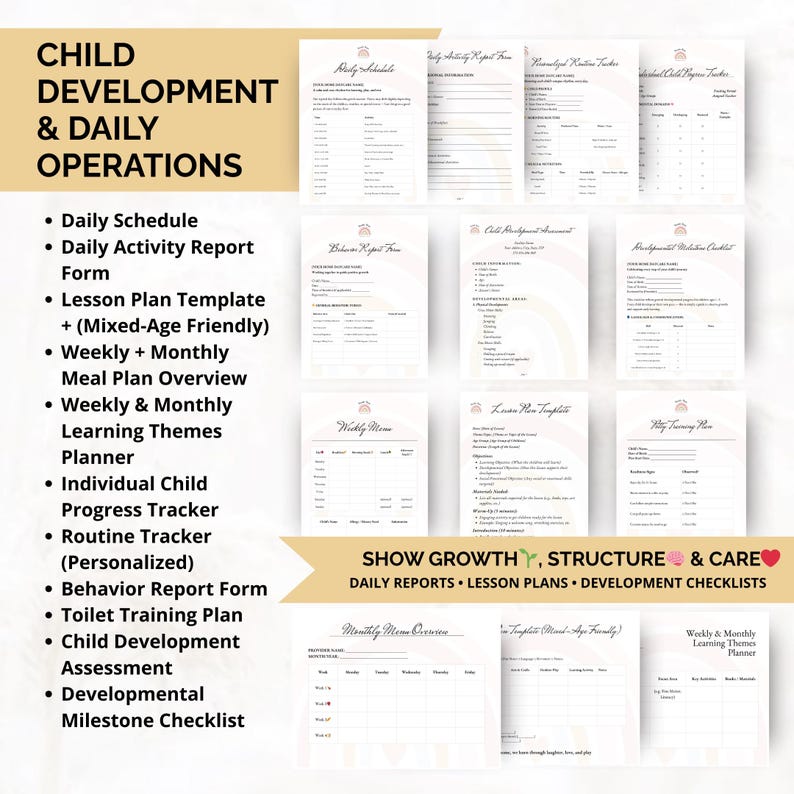 Daily operations and child development templates like progress tracker, lesson plans, and activity reports