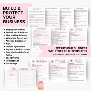 Bakery legal templates such as vendor agreement, NDA, employee contract, allergen disclaimer, refund and cancellation policy, and photo release form. Essential forms for professional bakery operations and client protection.