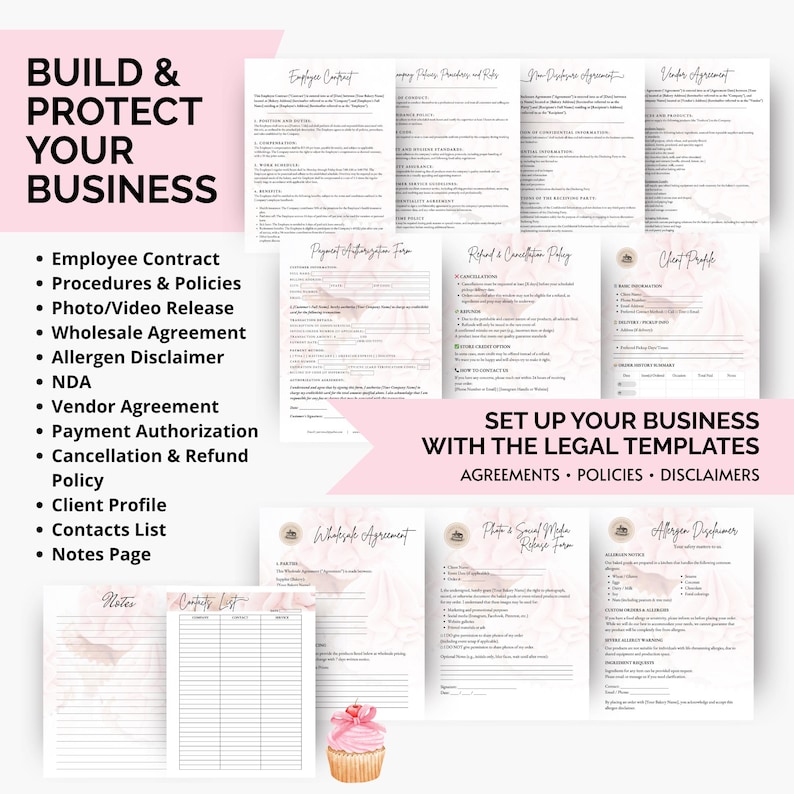 Bakery legal templates such as vendor agreement, NDA, employee contract, allergen disclaimer, refund and cancellation policy, and photo release form. Essential forms for professional bakery operations and client protection.