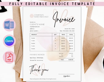 INVOICE TEMPLATE Download, Editable and Printable WORD Doc/Canva Invoice Template, Minimalist Business Invoice