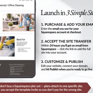 Step-by-step guide showing how to launch your cleaning service website template in Squarespace: purchase, accept site transfer, customize, and publish. Simple setup process designed for new cleaning business owners with no tech skills.