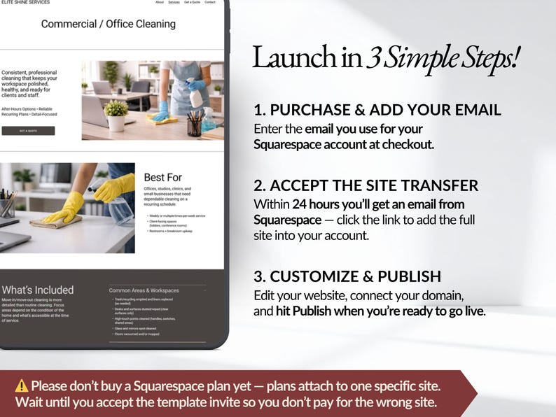 Step-by-step guide showing how to launch your cleaning service website template in Squarespace: purchase, accept site transfer, customize, and publish. Simple setup process designed for new cleaning business owners with no tech skills.