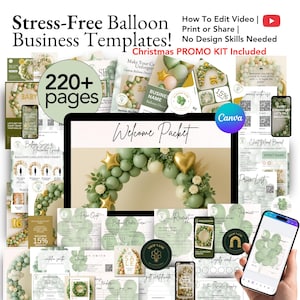 Balloon business templates in elegant sage-green tones, perfect for organizing your business and attracting clients for holiday promotions.