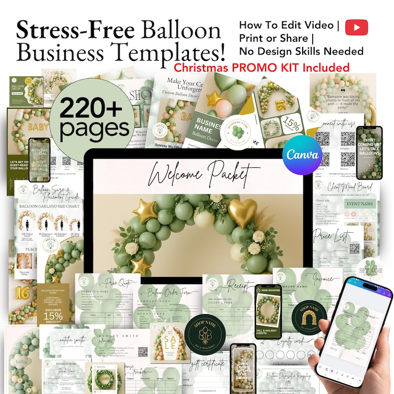 Balloon business templates in elegant sage-green tones, perfect for organizing your business and attracting clients for holiday promotions.