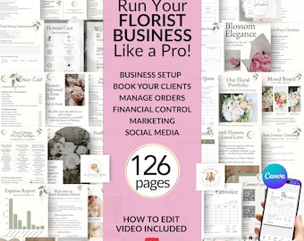 PAQUETE DE PLANTILLAS PARA FLORISTERÍA: Tarjeta de presentación, diseño de logotipo, formulario de pedido, folleto, planificador y plan de negocios para diseñadores florales y floristerías.