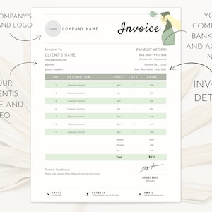 Puede incluir: Una plantilla de factura verde y blanca con una ilustraci&oacute;n de un pulverizador de limpieza. La factura incluye un nombre de empresa, un nombre de cliente, un m&eacute;todo de pago, una descripci&oacute;n de los servicios, un precio, una cantidad y un total. La factura est&aacute; fechada el 12 de diciembre de 2021.