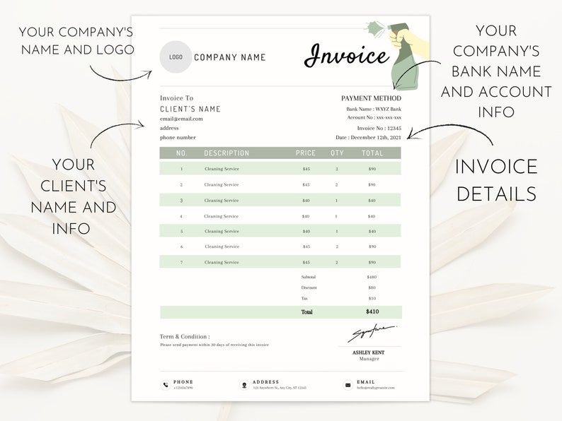 Puede incluir: Una plantilla de factura verde y blanca con una ilustraci&oacute;n de un pulverizador de limpieza. La factura incluye un nombre de empresa, un nombre de cliente, un m&eacute;todo de pago, una descripci&oacute;n de los servicios, un precio, una cantidad y un total. La factura est&aacute; fechada el 12 de diciembre de 2021.
