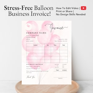PLANTILLA DE FACTURA DE GLOBOS, Plantilla de factura editable para artista de globos, Recibo de factura imprimible para guirnalda de globos, Formulario de factura para negocio de globos