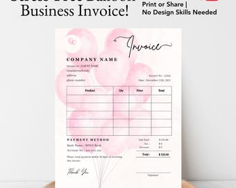 BALLOON INVOICE TEMPLATE, Editable Balloon Artist Invoice Template, Printable Balloon Garland Invoice Receipt, Balloon Business Invoice Form