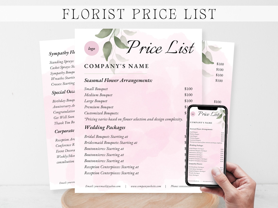 FLORIST PRICE LIST, Flower Shop Price List, Florist Price Sheet