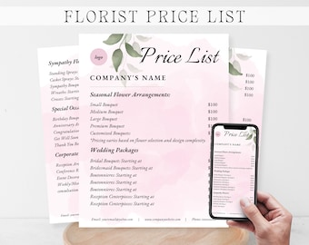 LISTA DE PRECIOS DE FLORISTERÍA, Lista de precios de floristería, Hoja de precios de floristería, Plantilla de precios de floristería, Folleto de lista de precios de floristería, Precios florales