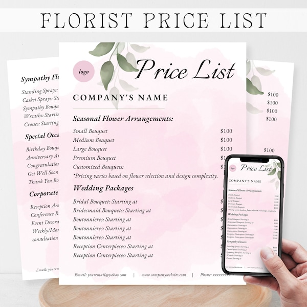 FLORIST PRICE LIST, Flower Shop Price List, Florist Price Sheet, Florist Pricing Template, Florist Price List Flyer, Floral Pricing