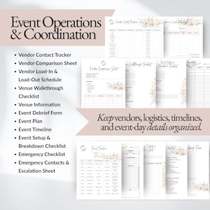 Event planning workflow templates including vendor contact tracker, event timeline planner, venue walkthrough checklist, vendor comparison sheet, load in and load out schedule, and emergency checklist designed to help event planners coordinate logistics and manage event day operations efficiently.