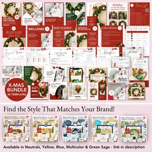 May include: A collection of templates for holiday balloon decor, including invoices, checklists, and inspiration guides. The bundle features a variety of designs with red, green, and white balloons, and includes the text "X-MAS BUNDLE 50 TEMPLATES".