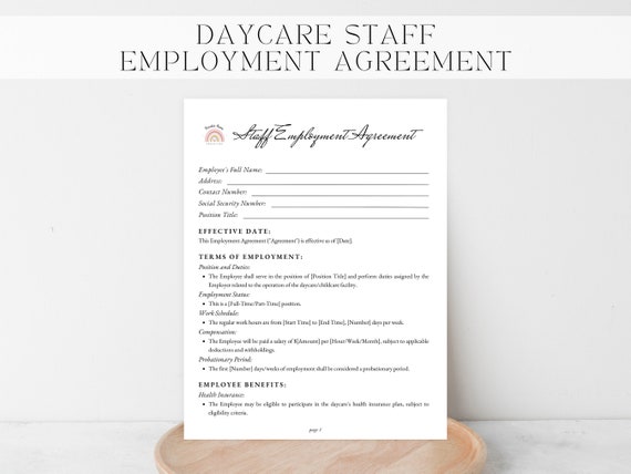 DAYCARE STAFF EMPLOYMENT Agreement. Daycare Worker Agreement. Childcare Employee Contract. Childcare Job Agreement. Daycare Staff Policies