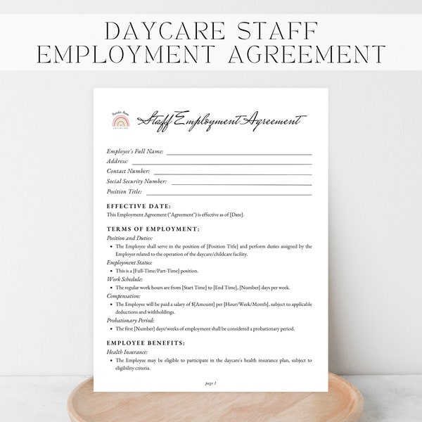 DAYCARE STAFF EMPLOYMENT Agreement. Daycare Worker Agreement. Childcare Employee Contract. Childcare Job Agreement. Daycare Staff Policies