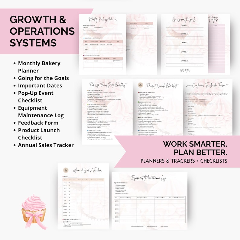 Printable bakery finance templates including recipe cost calculator, cash flow statement, expense tracker, profit and loss sheet, and annual sales tracker. Designed for home bakers and cake businesses wanting accurate pricing and financial organization