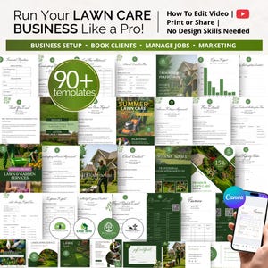 Paquete para negocios de cuidado del césped: plantillas editables de Canva para folletos, facturas, presupuestos y contratos de servicio para corte de césped y mantenimiento de jardines.