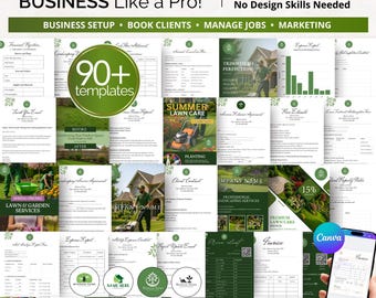 GAZONVERZORGING BUSINESS-bundel: bewerkbare canva-sjablonen voor flyers, facturen, schattingen en serviceovereenkomsten voor maaien en tuinonderhoud