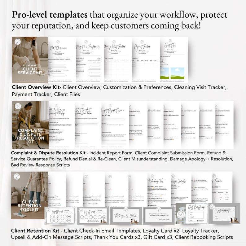 Full suite of cleaning business printables including welcome packs and rescheduling policies to help convert new cleaning leads into loyal clients.