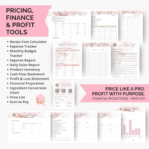 Printable bakery finance templates including recipe cost calculator, cash flow statement, expense tracker, profit and loss sheet, and annual sales tracker. Designed for home bakers and cake businesses wanting accurate pricing and financial organization