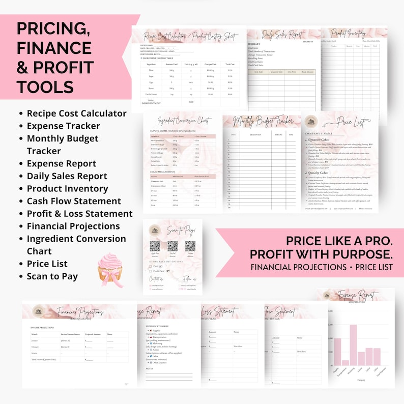 Printable bakery finance templates including recipe cost calculator, cash flow statement, expense tracker, profit and loss sheet, and annual sales tracker. Designed for home bakers and cake businesses wanting accurate pricing and financial organization