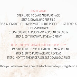 May include: Instructions on how to download and use a digital file purchased from Etsy. The steps include adding to cart, downloading a PDF file, creating a Canva account, and editing the file in Canva. The instructions also include how to download a digital file from Etsy.