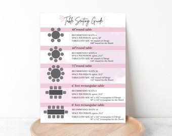 SEATING CHART PLANNER, Printable Tablecloth Size Chart, Wedding Table Seating Plan, Seating Arrangements, Reception Seat Planner, Table Size