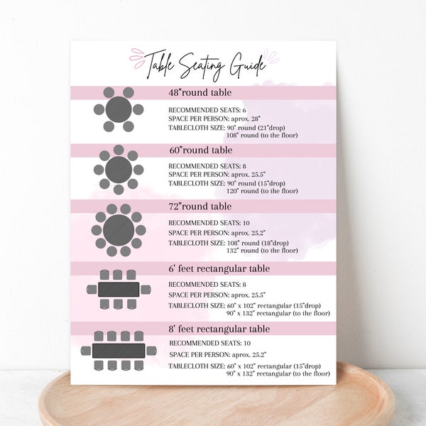 SEATING CHART PLANNER, Printable Tablecloth Size Chart, Wedding Table Seating Plan, Seating Arrangements, Reception Seat Planner, Table Size