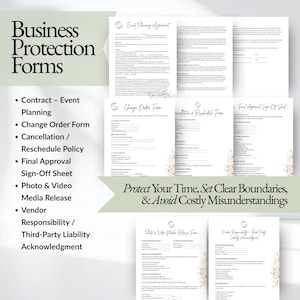 Wedding planner contract templates and business protection forms including wedding planning agreement, cancellation policy, change order form, vendor responsibility agreement, and media release documents for wedding planners and wedding coordinators managing client expectations and legal protection.