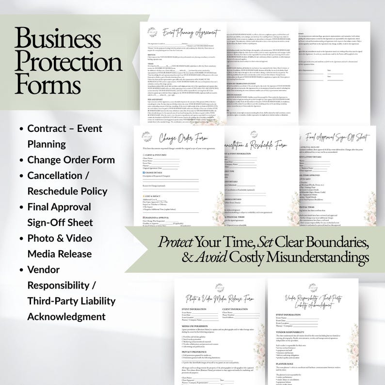 Wedding planner contract templates and business protection forms including wedding planning agreement, cancellation policy, change order form, vendor responsibility agreement, and media release documents for wedding planners and wedding coordinators managing client expectations and legal protection.