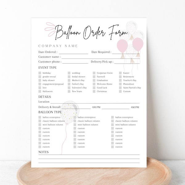 BALLOON ORDER Form Template, Editable Balloon Order Tracker, Custom Balloon Sale Tracker, Party Balloons Order Sheet, Balloon Garland Form