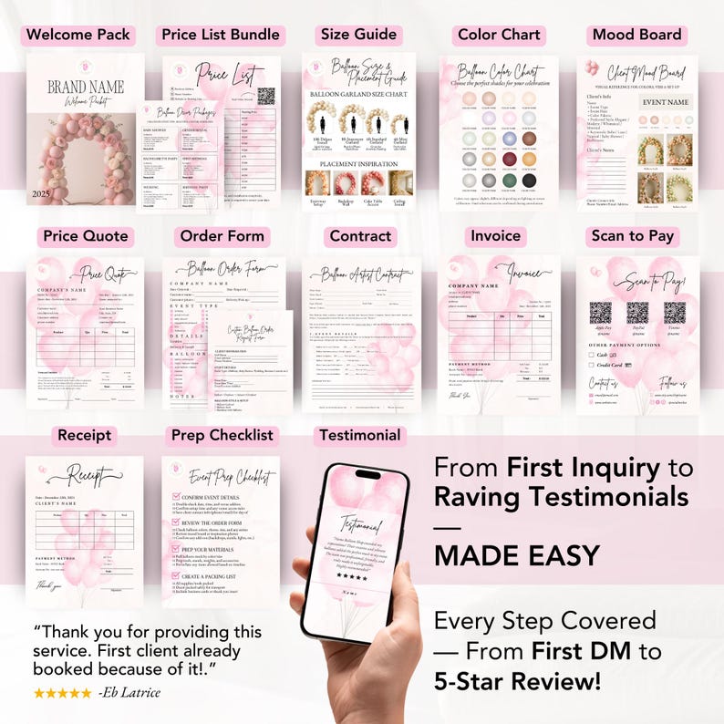 Coordinated balloon business templates like balloon order form, invoice, price quote, receipt template & more —fully editable for balloon business branding and client communication.