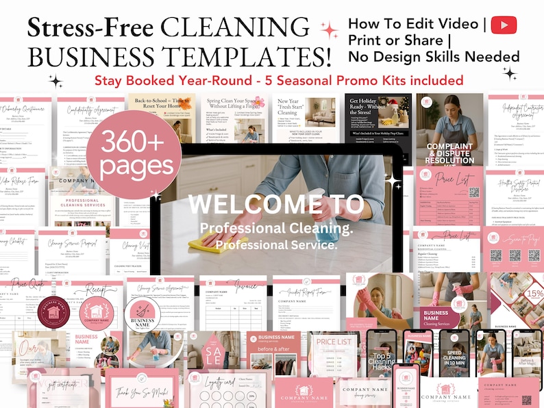 Cleaning Service Bundle for solo entrepreneurs including marketing templates, legal docs, and welcome packet for clients