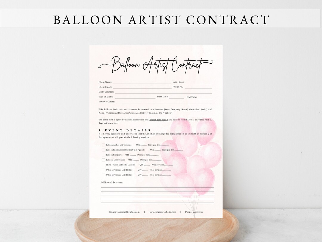 BALLOON CONTRACT, Editable Balloon Artist Contract Template, Balloon Stylist Contract, Balloon