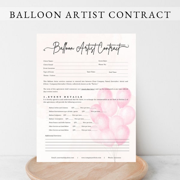 BALLOON CONTRACT, Editable Balloon Artist Contract Template, Balloon Stylist Contract, Balloon Decoration Contract, Balloon Garland Contract