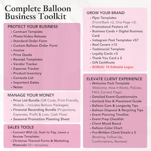 Complete balloon business bundle with editable Canva templates for balloon pricing, welcome packet, order forms, client intake, social media posts, flyers, invoices, and marketing materials—perfect for balloon decorators, party stylists, and event planners to streamline and grow their balloon business.